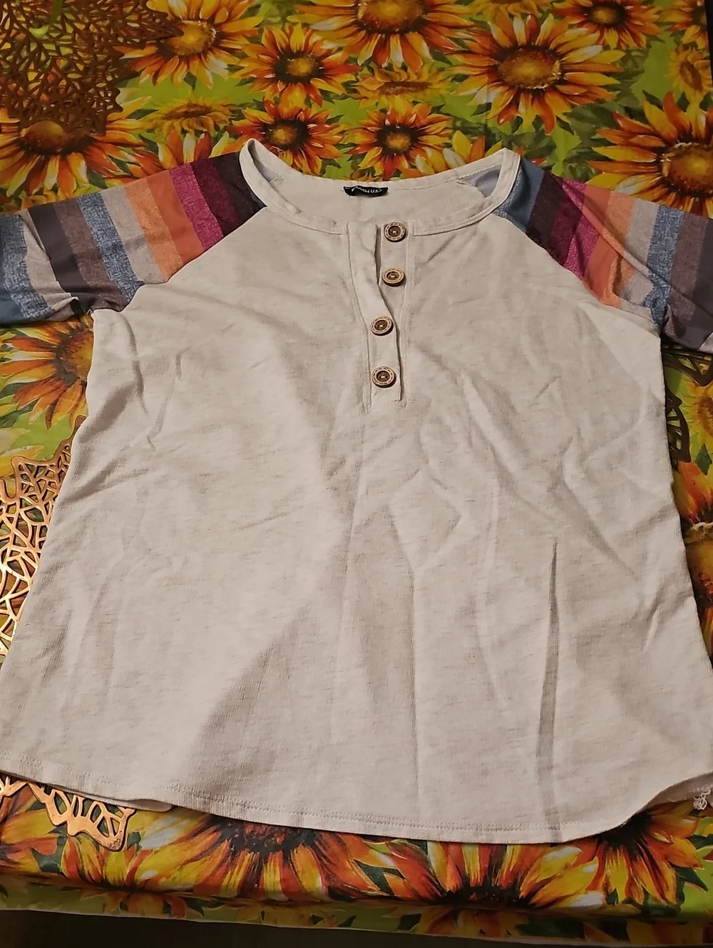 HEIMISH USA Cream Henley Top with Multicolor Stripe Raglan Sleeves